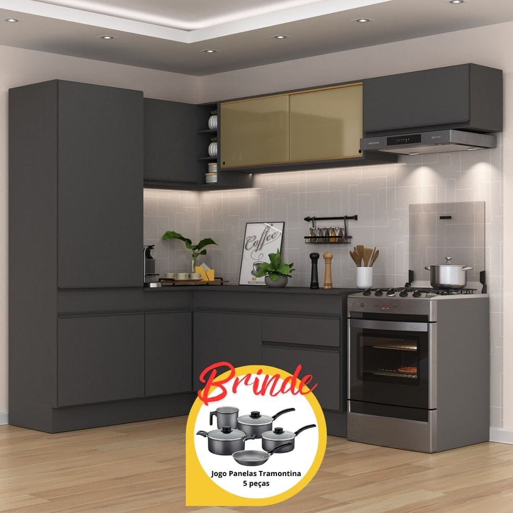 Armário de Cozinha Completa de Canto com Rodapé Veneza Multimóveis MP2086.895 Preto