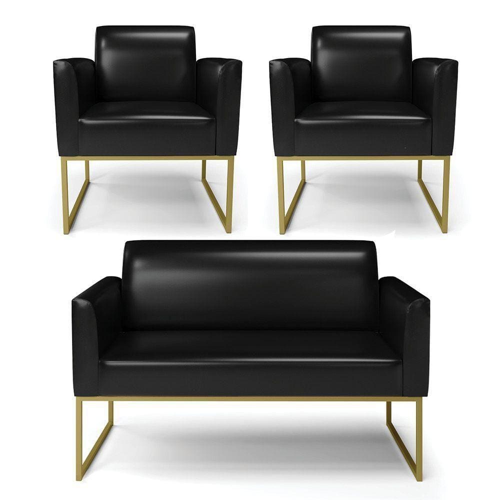 Sofá Namoradeira Com 2 Poltronas Base Industrial Dourado Marisa Corano D03 - D\`rossi Cor Preto