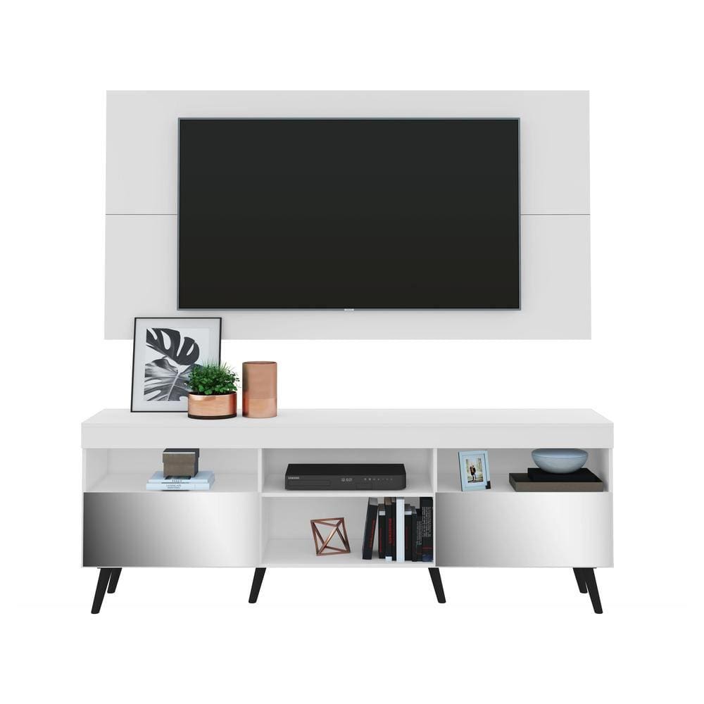 Rack Retrô com Espelho e Painel com Suporte para TV até 65” Multimóveis Flórida FG3142 Branco/Preto
