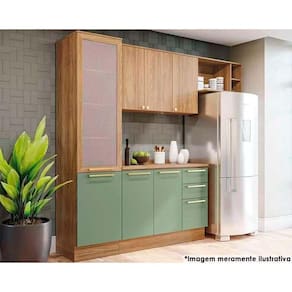 Cozinha Completa Botanic 5 Peças (2 Armários + 1 Balcão + 1 Paneleiro + 1 Complemento) M654 Nogueira-verde Oliva - Kappesberg