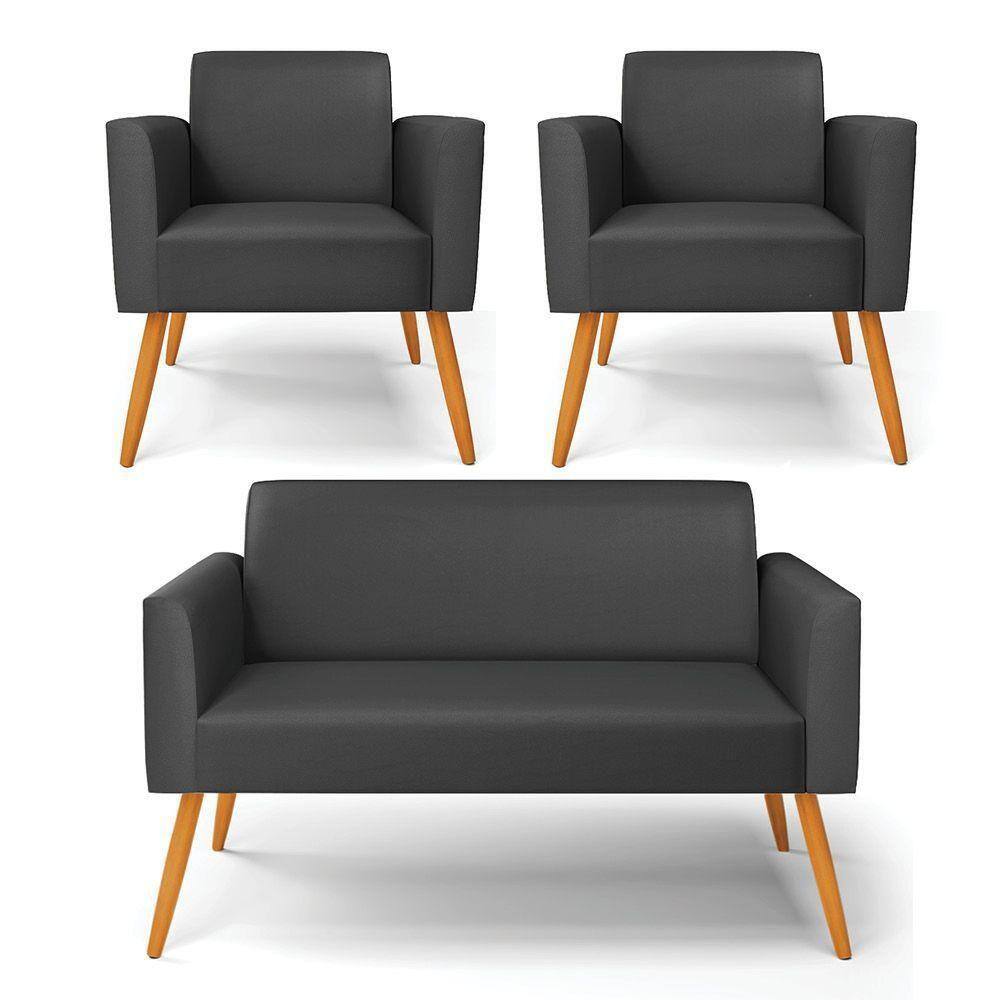 Sofá Namoradeira Com 2 Poltronas Pés Palito Castanho Marisa Corino D03 - D\`rossi Cor Preto