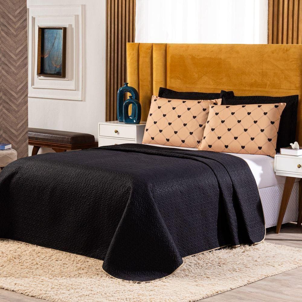 Kit Cobre Leito Love Golden Preto/caqui Dupla Face Com Fronhas Estampadas Casal Padrão 05 Peças