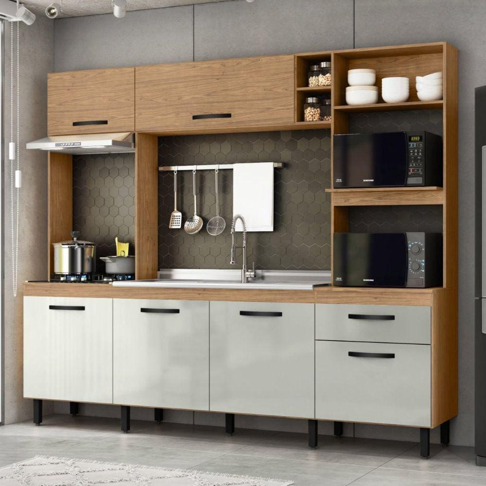 Cozinha Compacta 6 Portas e 1 Gaveta Zoe Espresso Móveis Freijó/Off White