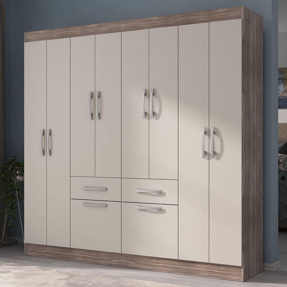 Guarda-roupa Casal 8 Portas 2 Gavetas 2 Basculante - Yescasa Castanho/OffWhite