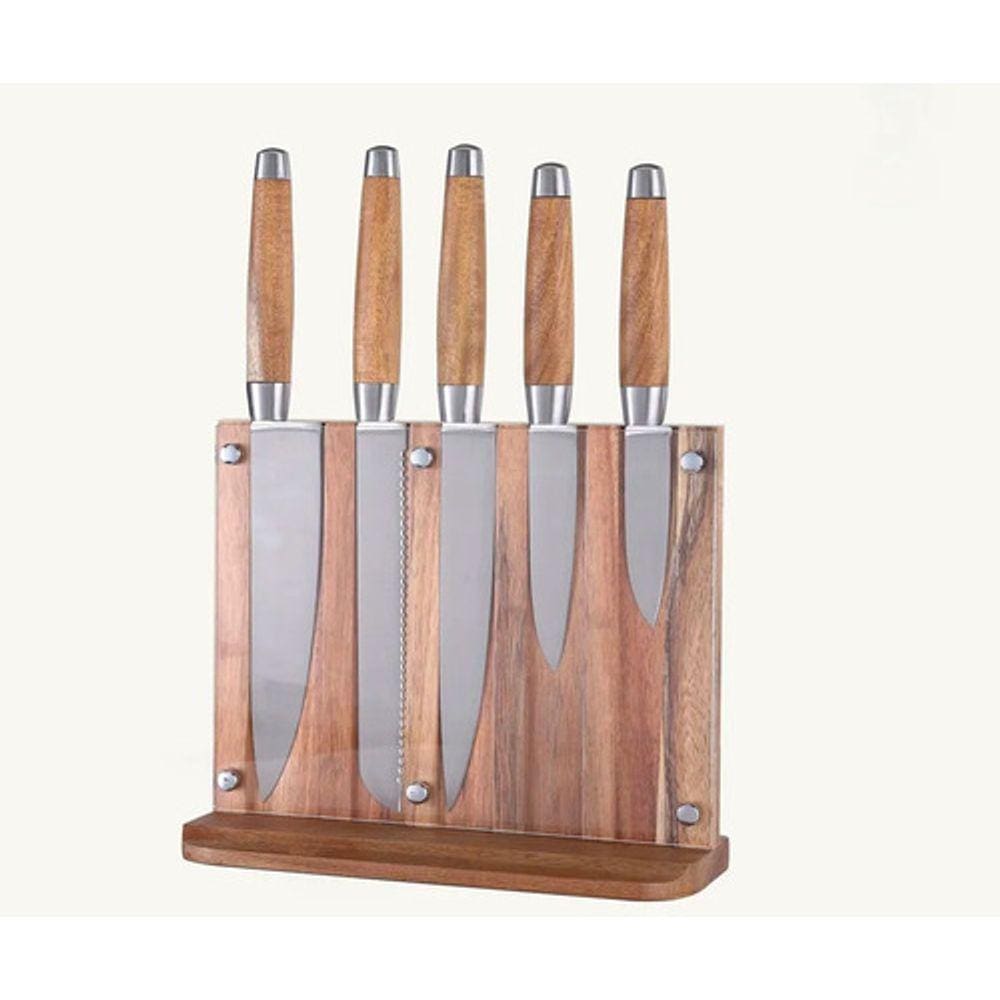Conjunto De 5 Facas Com Suporte De Madeira E Acrilico