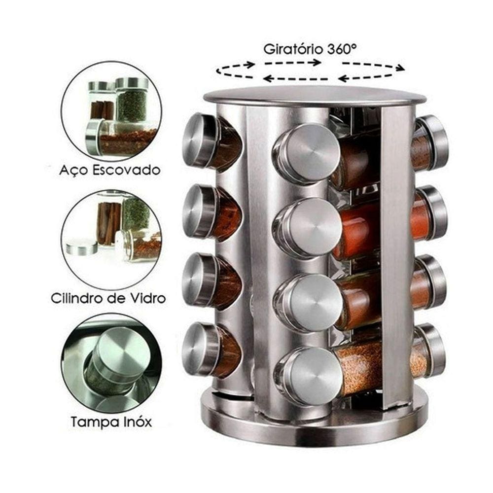 Porta Tempero Giratório Designer Redondo 16 Peças Inox