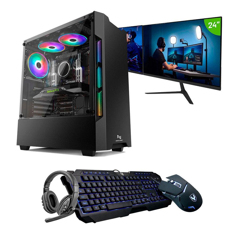 Kit - Pc Gamer Neologic Streamer Nli83673 Intel I5 10400F 16Gb (Rtx 3050 8Gb) Ssd 240Gb + Hd 1Tb 600W 80 Plus + 2 Monitores 24