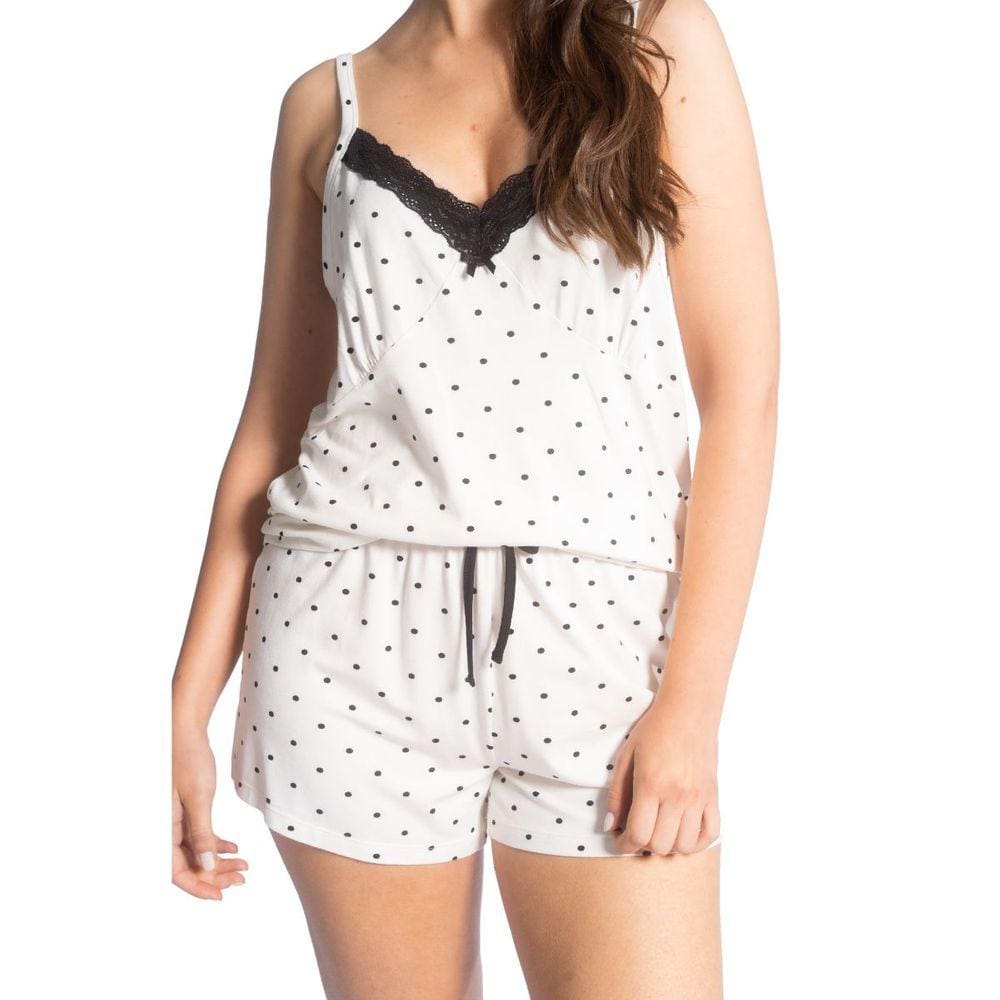 Pijama Curto Feminino Baby Doll Short Bolinhas Renda Poá