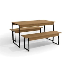 Conjunto: Mesa Sala Jantar Industrial Li013 C- Tampo Madeirado 136x72cm E 2 Bancos Freijo-preto
