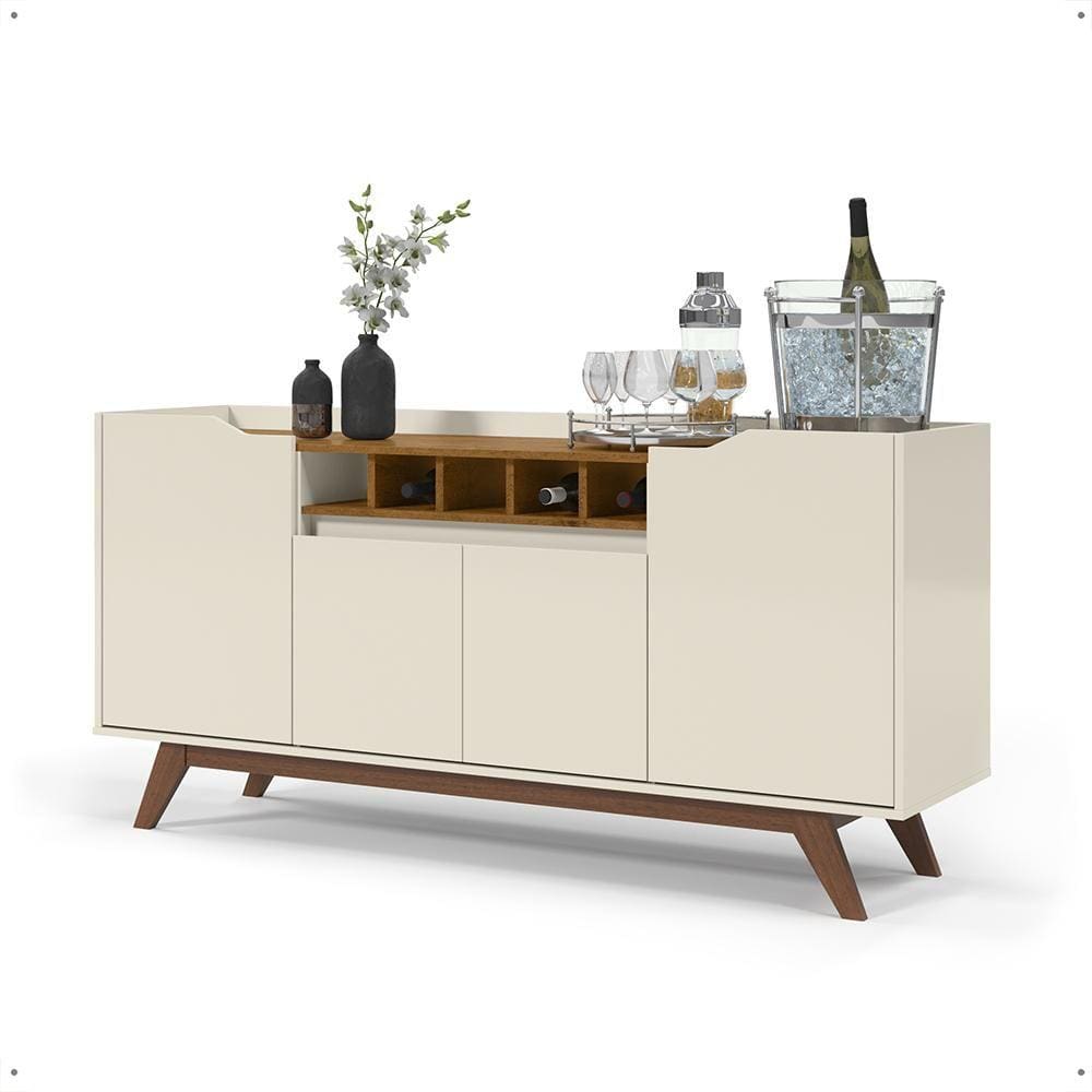 Aparador Buffet Balcão Bancada 4 Portas MDF Adega Bar Barzinho Cantinho Café Prateleira Organizadora Pés Madeira Decoração Sala Cozinha Luxo - RPM