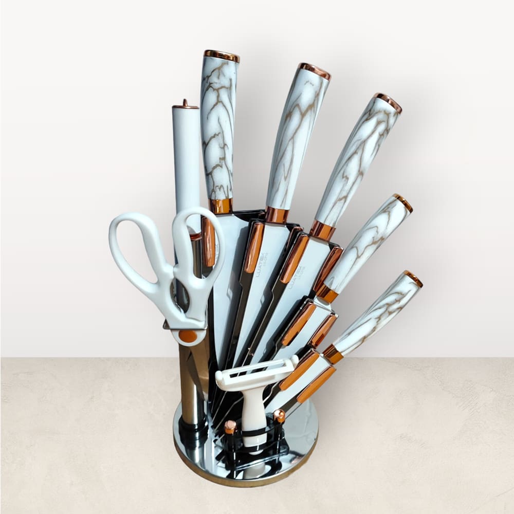 Conjunto de Facas de Cozinha em Inox com 8 peças + Suporte Giratório Faqueiro Profissional Mármore Branco