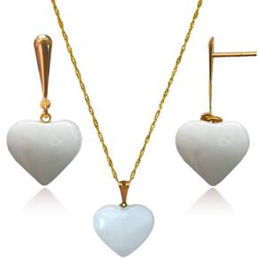 Conjunto de Colar e Brinco Coração - Pedra Quartzo Leitoso