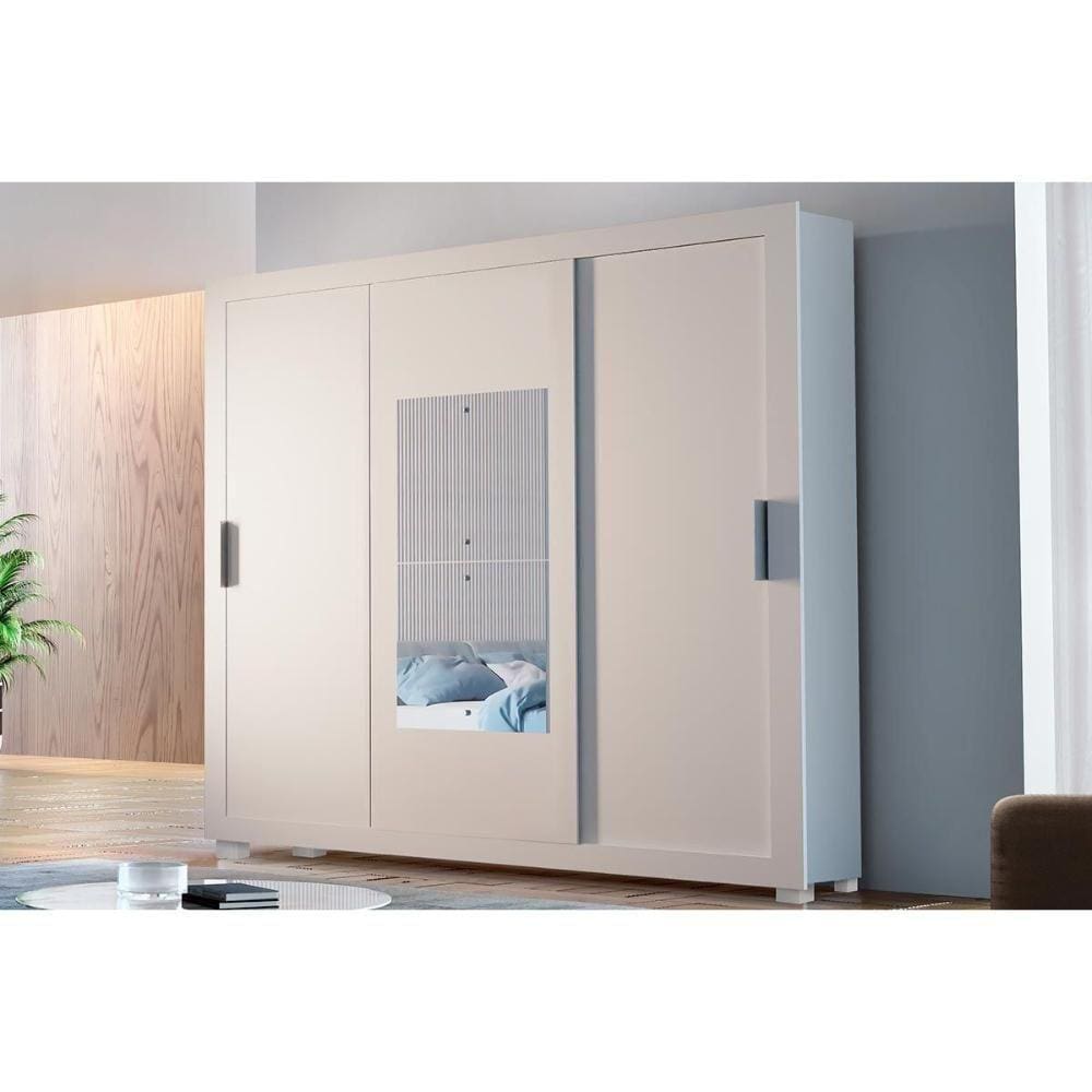 Guarda Roupa Casal 3 Portas De Correr E 4 Gavetas C/ Espelho E Pés Veneza Premium Branco - Rufato