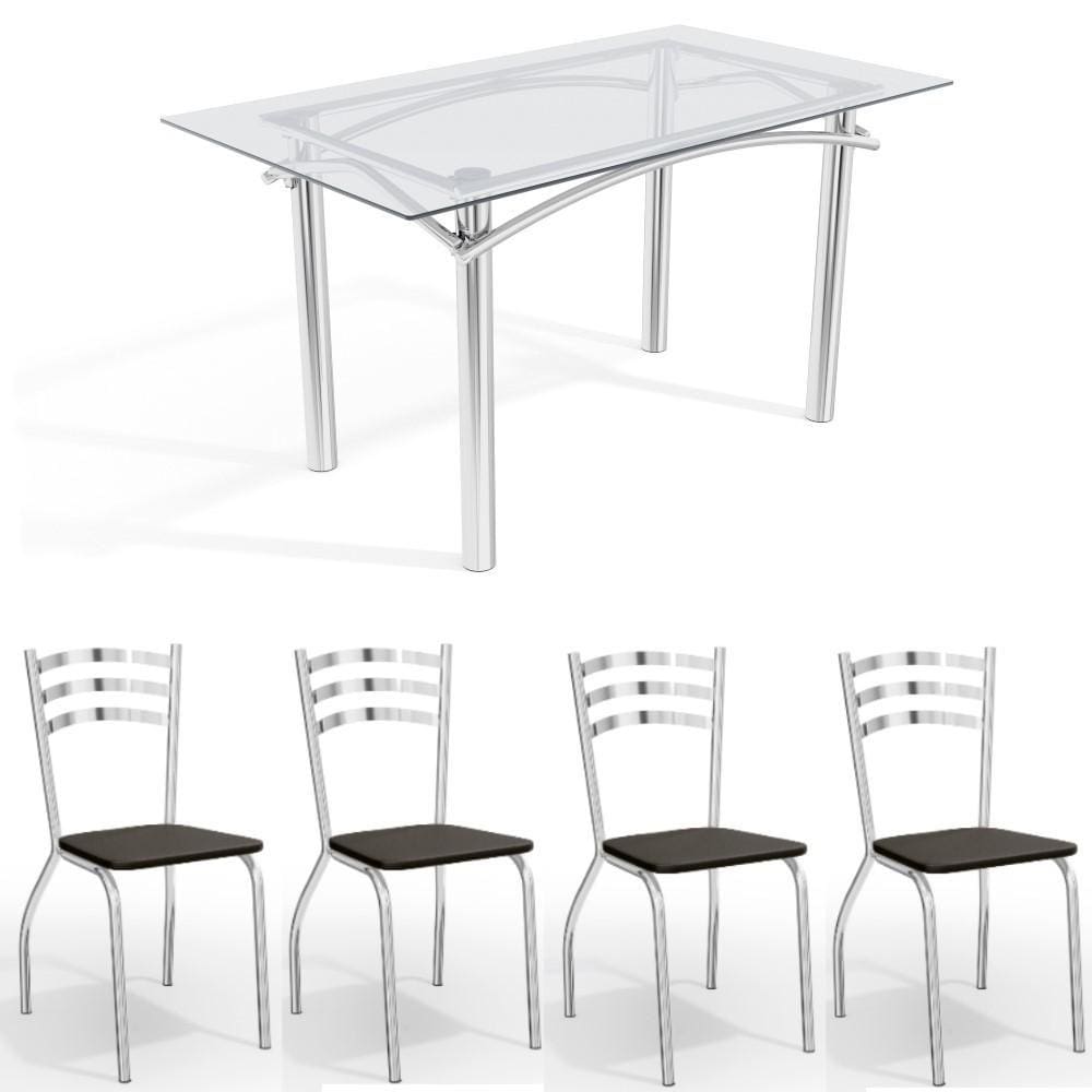 Conjunto Sala de Jantar Kappesberg Crome Tampo de Vidro 4 Cadeiras Cromado Preto
