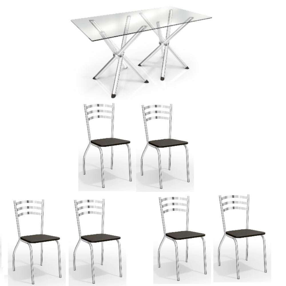 Conjunto Sala de Jantar Kappesberg Crome Tampo de Vidro 6 Cadeiras Cromado Preto