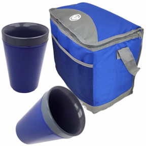 Bolsa Térmica Azul Caixa Cooler 24 Litros + 2 Copos Térmico 350ml Parede Dupla Azul