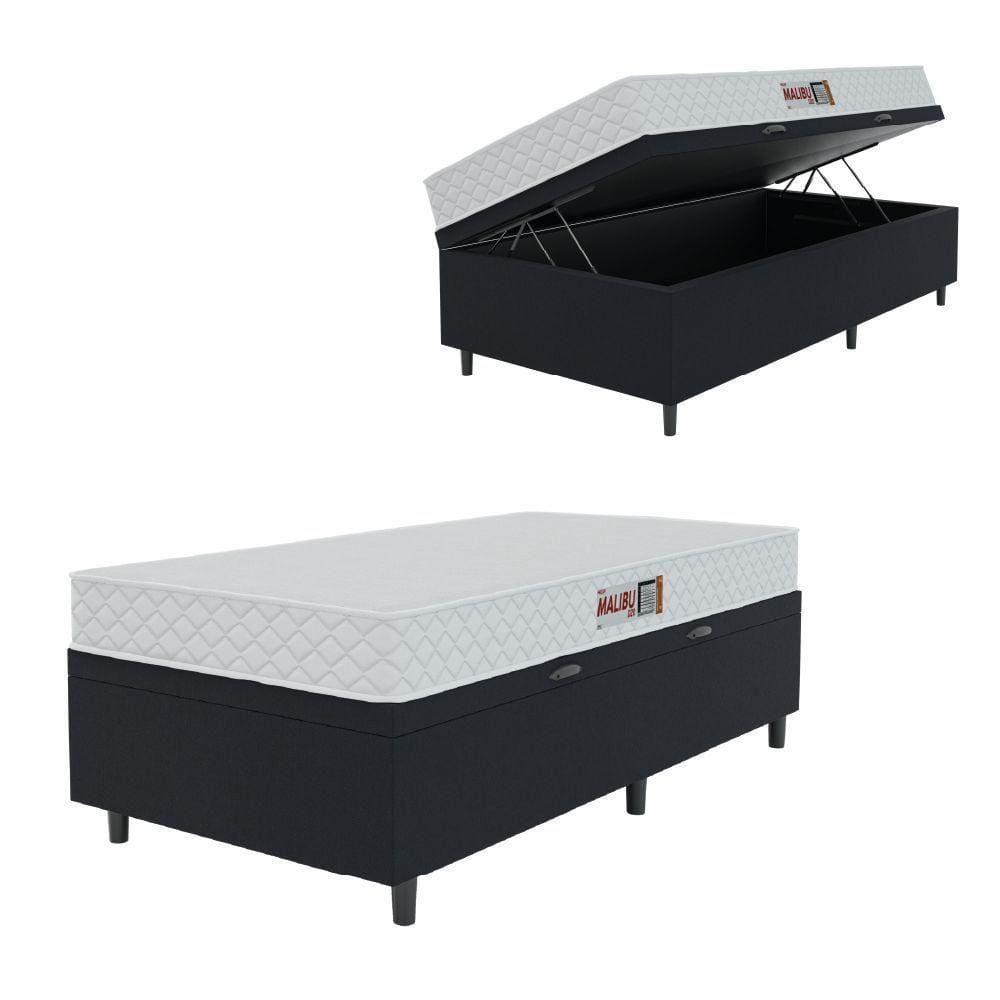 Cama Box Baú Colchão Solteiro Espuma D20 Malibu 78x188x53cm Branco / Preto Hellen Preto