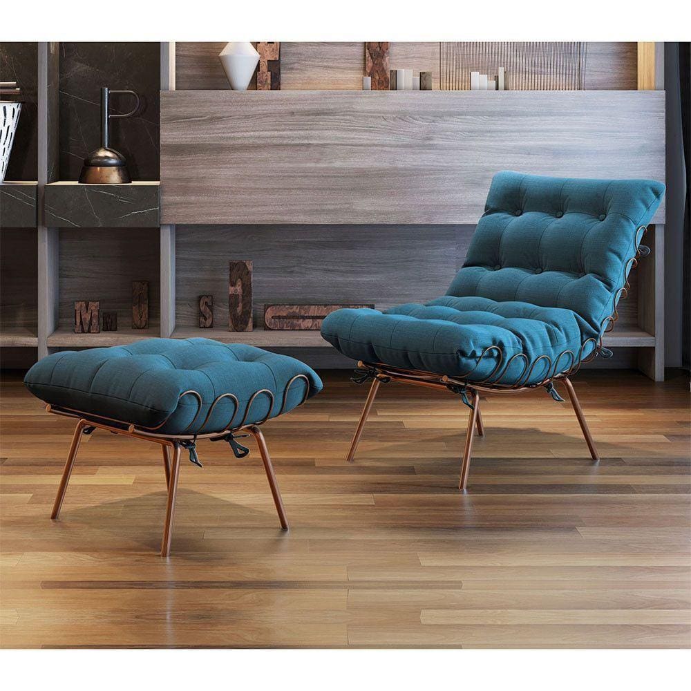 Poltrona E Puff M07 Estrutura De Ferro Mais Decor Cobre/azul