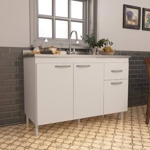 Balcão De Cozinha Para Pia De 120cm Sem Tampo Suiça Fidelitá 3 Portas 1 Gaveta Branco
