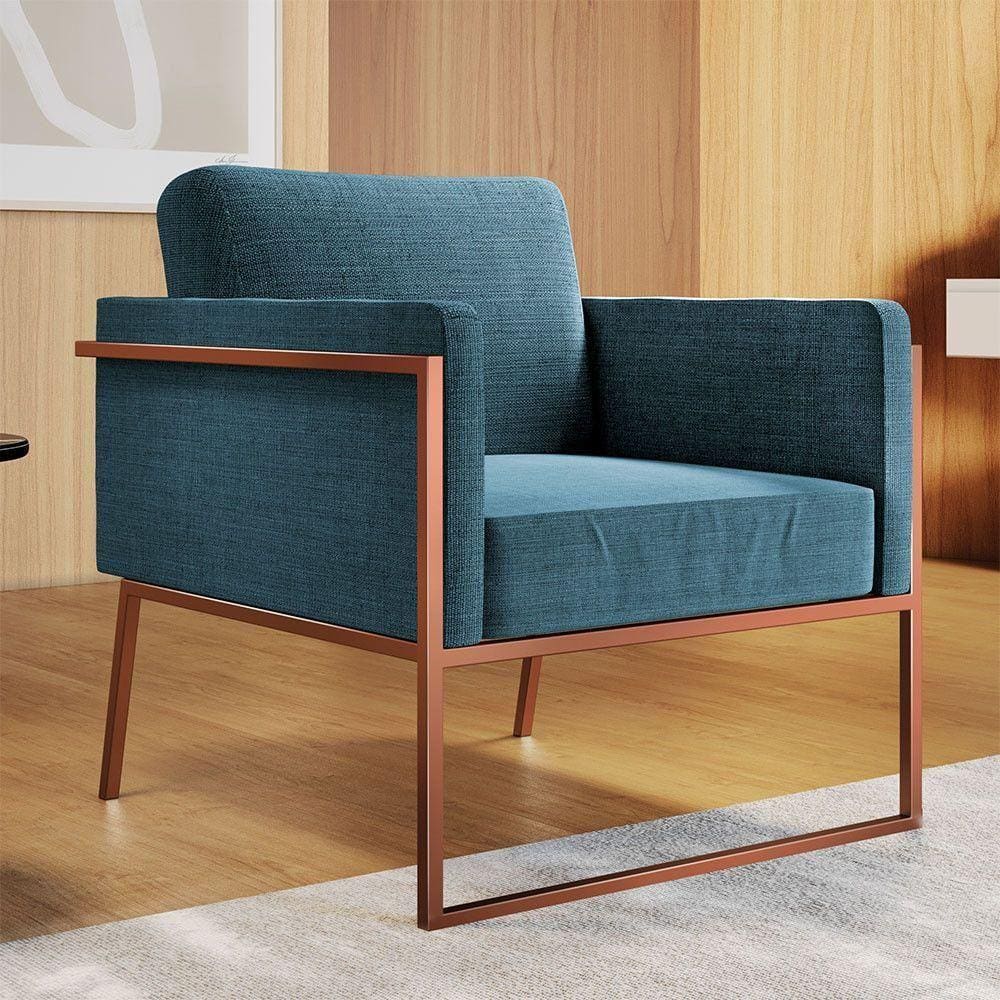 Poltrona Em Linho M04 Estrutura Em Ferro Mais Decor Cobre/azul