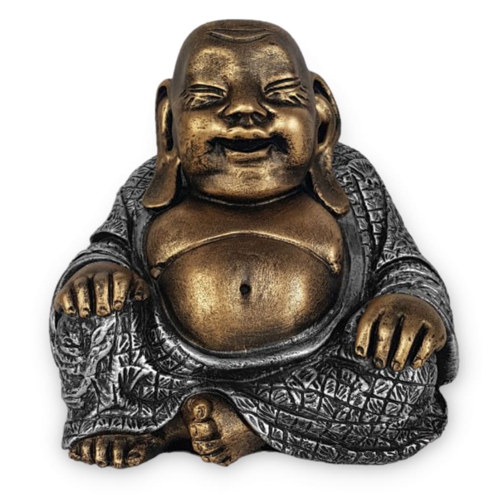 Buda Chinês Sentado - Roupa Prata c/ Pele Ouro