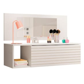 Penteadeira Mesa de Maquiagem Joy Suspensa 01 Gaveta com Espelho Branco - Desk Design