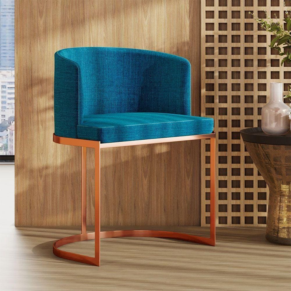 Poltrona M05 Em Linho Estrutura De Ferro Mais Decor Cobre/azul