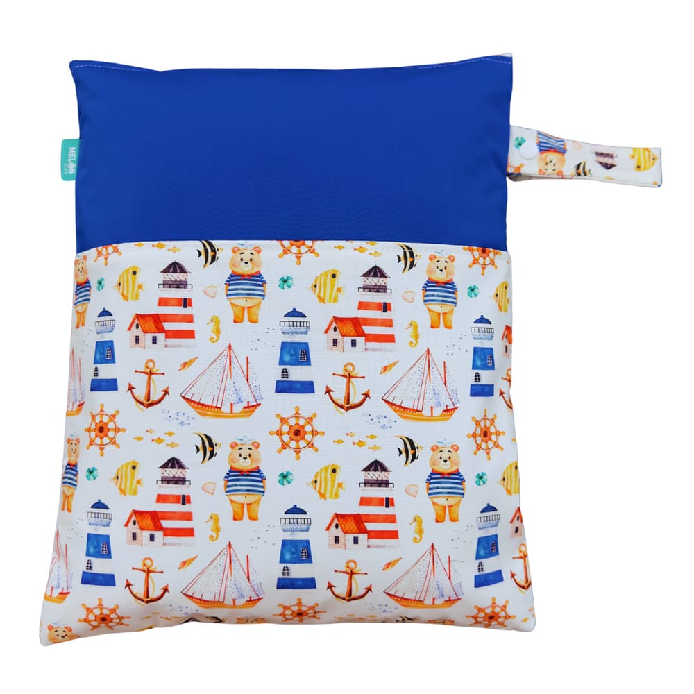 Saco Impermeável Grande Organizador Fralda Roupa Suja Limpa - Ursinho Náutico Azul