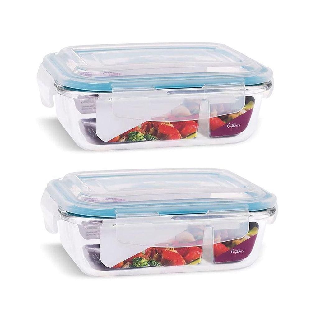 Kit 2 Potes Vidro Hermético Retangular com Divisória Trava Mais 640ml - Quality House