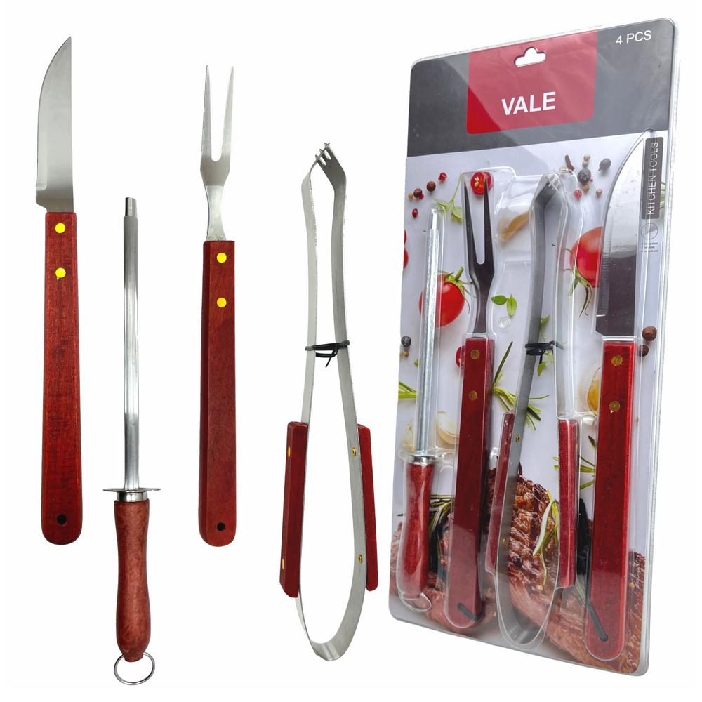 Kit Churrasco Faca Chaira Afiador Pegador Faca Garfo Aço Inox Cabo Madeira Grande 4 Peças Churrasqueiro