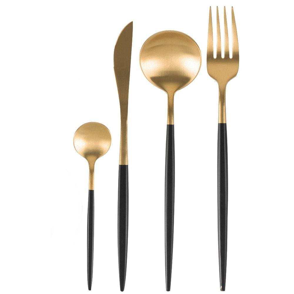 Jogo de Talheres Dourado Com Preto em Inox 4 Peças Luxo