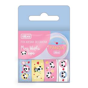 Mini Fita Adesiva Washi Tape 12mmX3m Panda - Blister com 5 Unidades + Dispenser - Tilibra