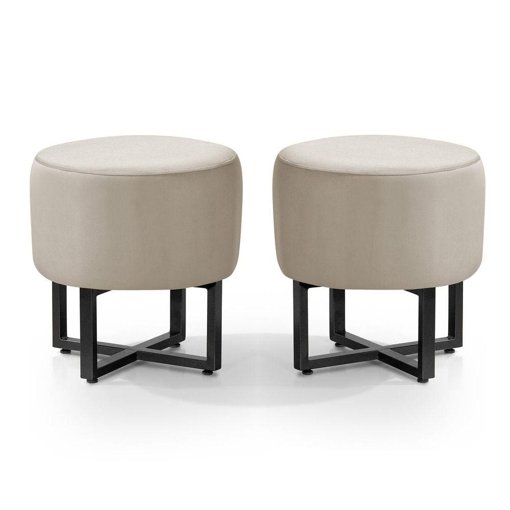 2 Pufes Banqueta Redonda Para Sala Decoração Interior Pes Ferro Preto Tecido Bege