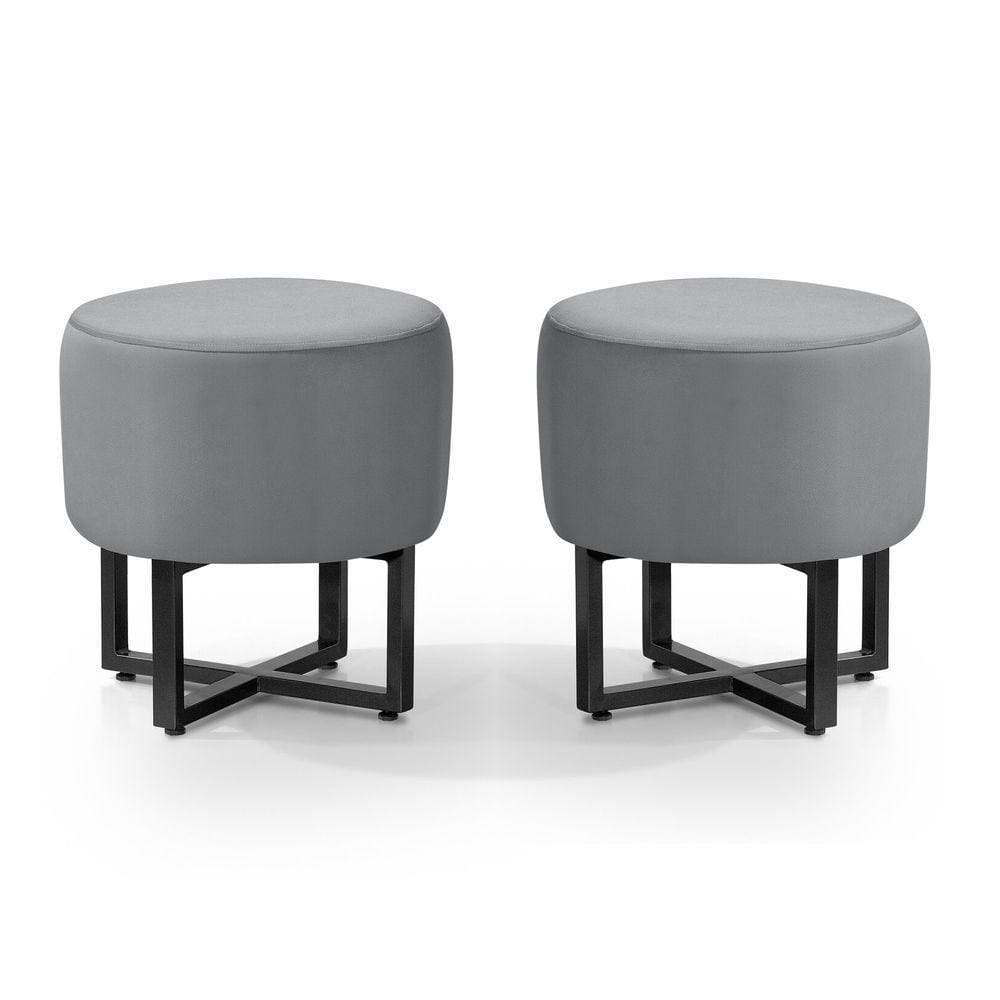 2 Pufes Banqueta Redonda Para Sala Decoração Interior Pes Ferro Preto Tecido Cinza