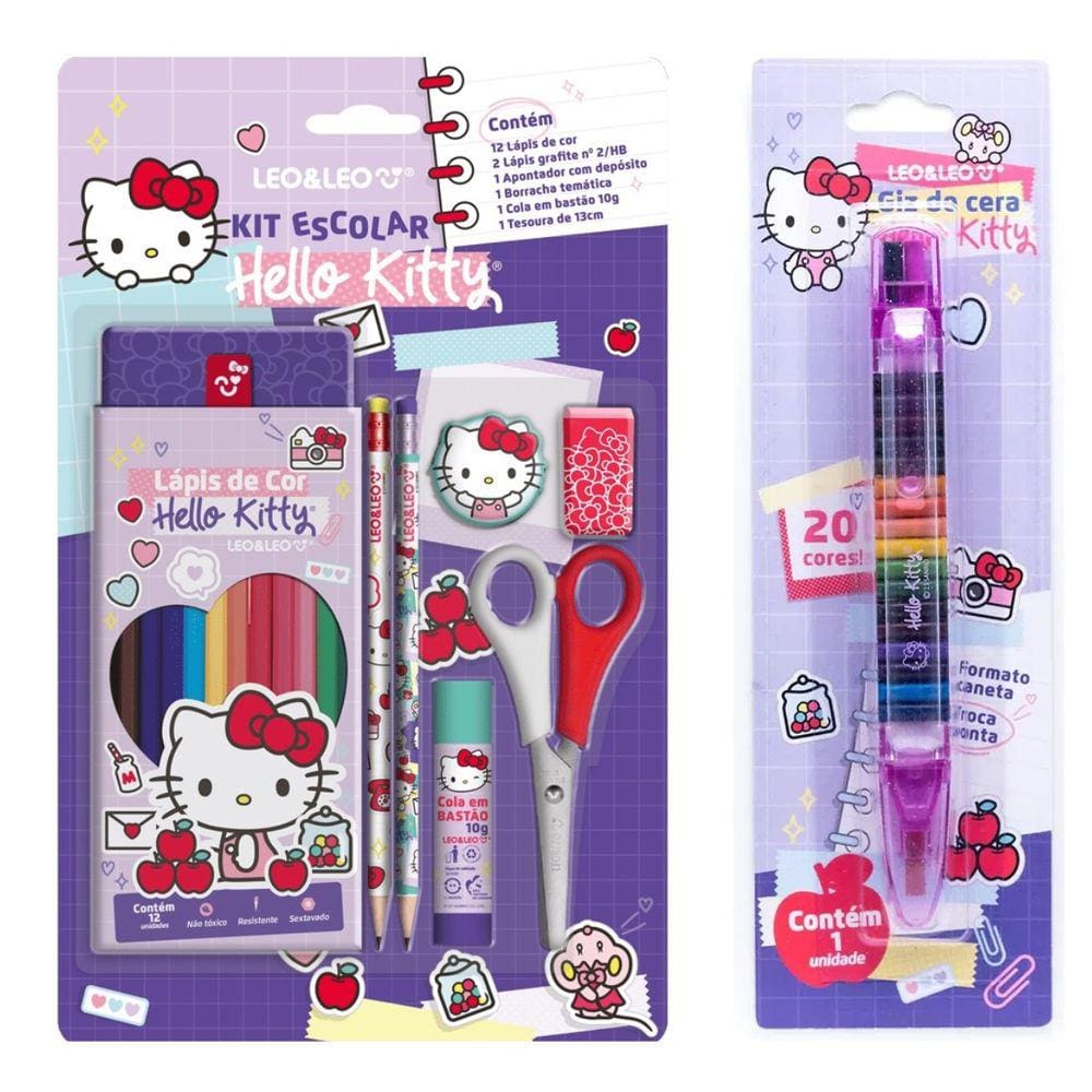 Kit Hello Kitty Giz de Cera Caneta + Kit Escolar Leo&Leo