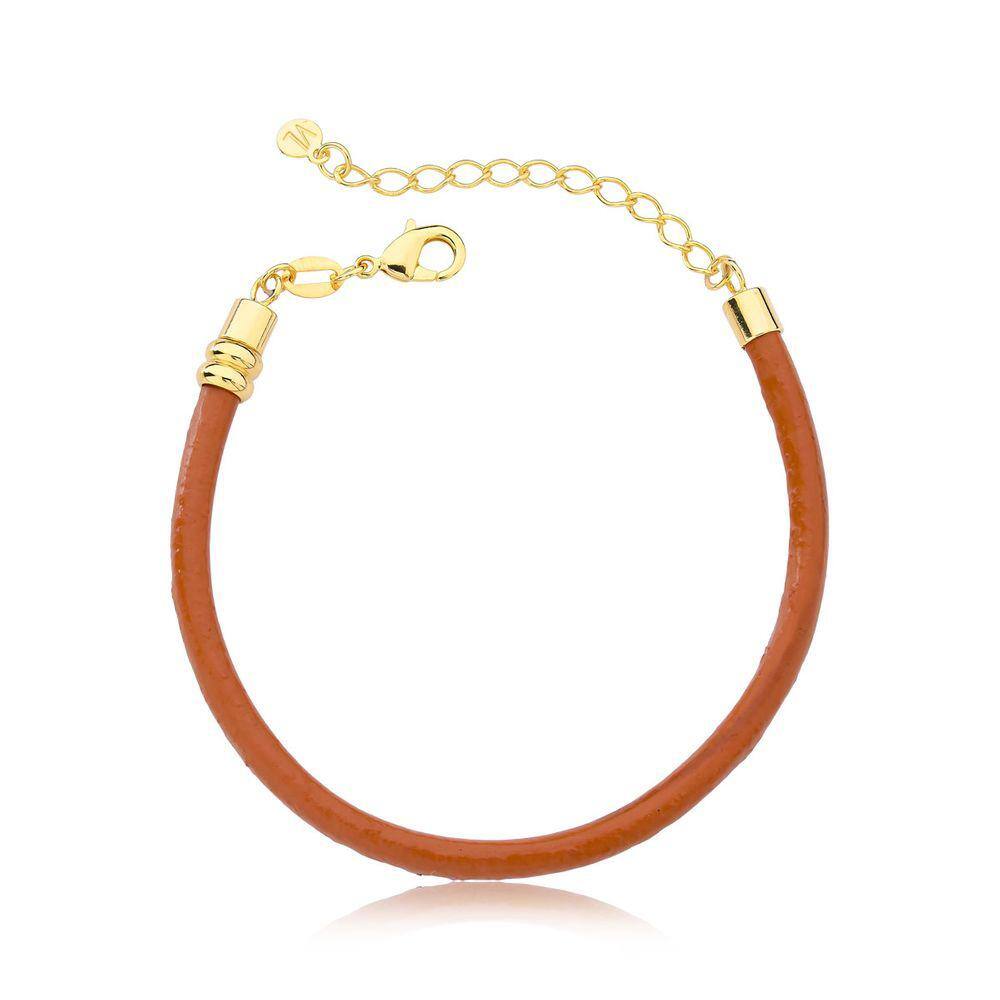 Pulseira de Couro Natural Caramelo Revestida em Ouro