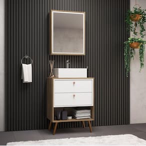 Gabinete com Pés Para Banheiro 60cm com Cuba e Armário Gael Nogal/Branco