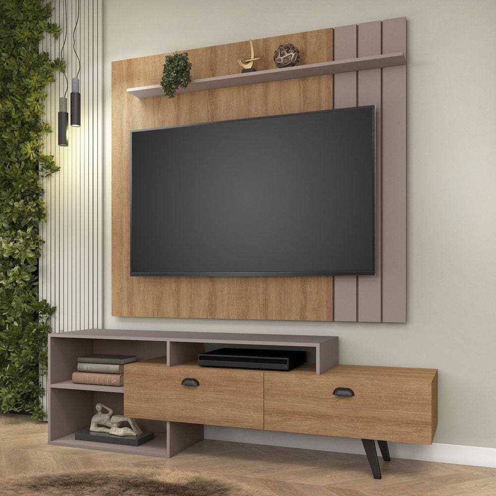 Home Theather Valencia 180cm Rack 2 Portas Basculantes e Painel para TV 65 Polegadas Mel/Cinza
