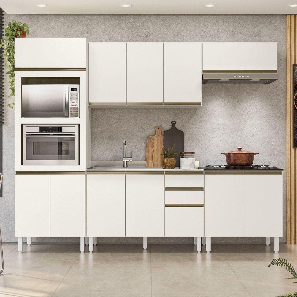 Cozinha Completa Angela 11 Portas 3 Gavetas 100% MDF Bianco Tok/Off White Cetim