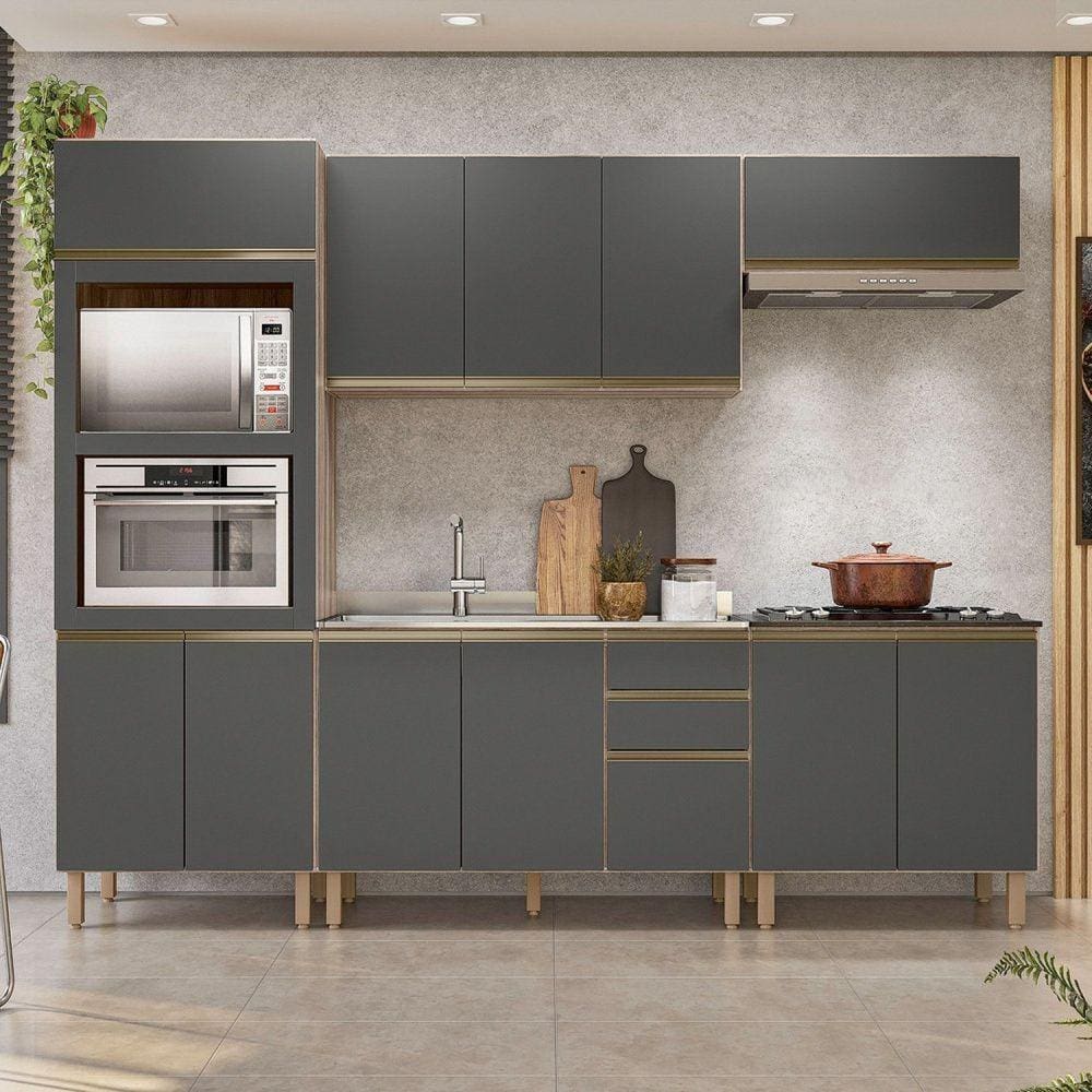 Cozinha Completa Angela 11 Portas 3 Gavetas 100% MDF Carvalho Tok/Cinza