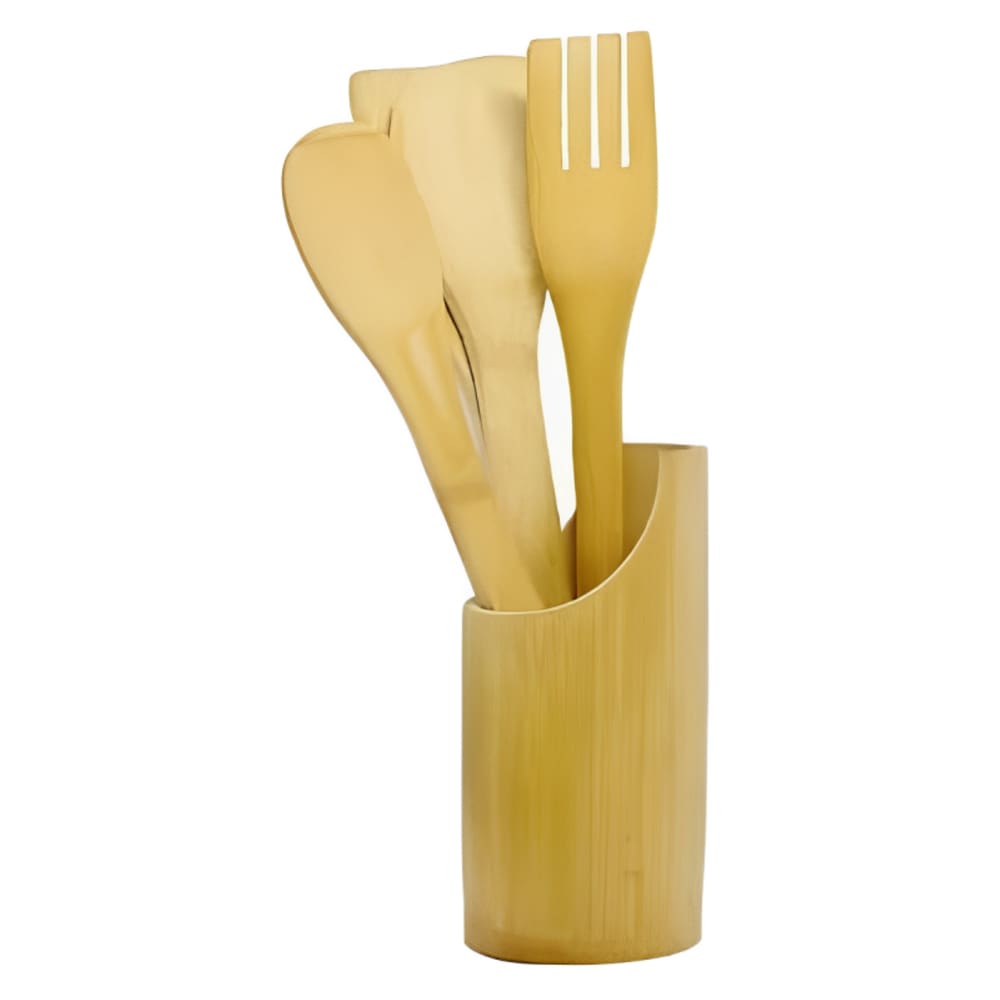 Kit Espátulas Utensílios de Cozinha Ecológicos em Bambu com Suporte 5 peças Resistente ao Calor e Não Risco a Panela