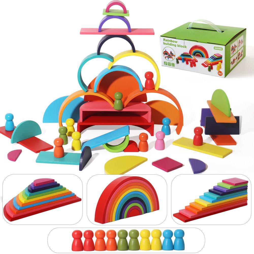 Conjunto Rainbow Stack de madeira SHIERDU 45 peças para crianças de 3 anos ou mais