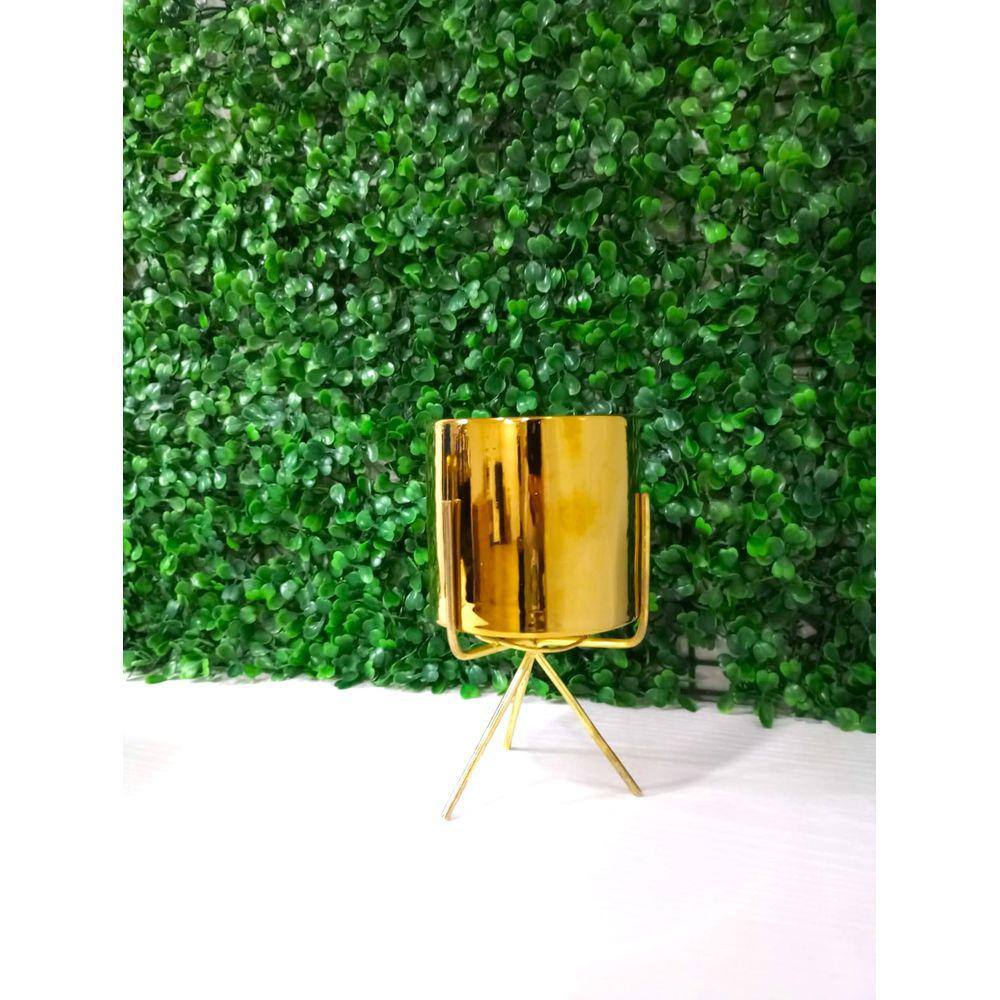 Vaso de Ceramica Decorativo Tripé em Metal Dourado Flores Plantas