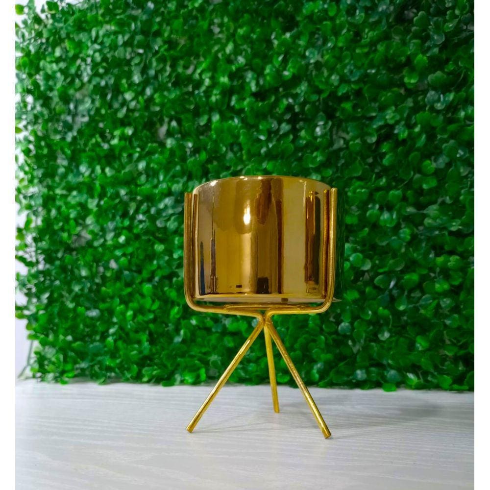 Vaso de Ceramica Decorativo Tripé em Metal Dourado Flores Plantas