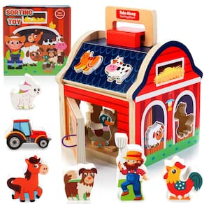 Farm Animals Toy Kizfarm Wooden Take-Along Sorting Barn 1-3
