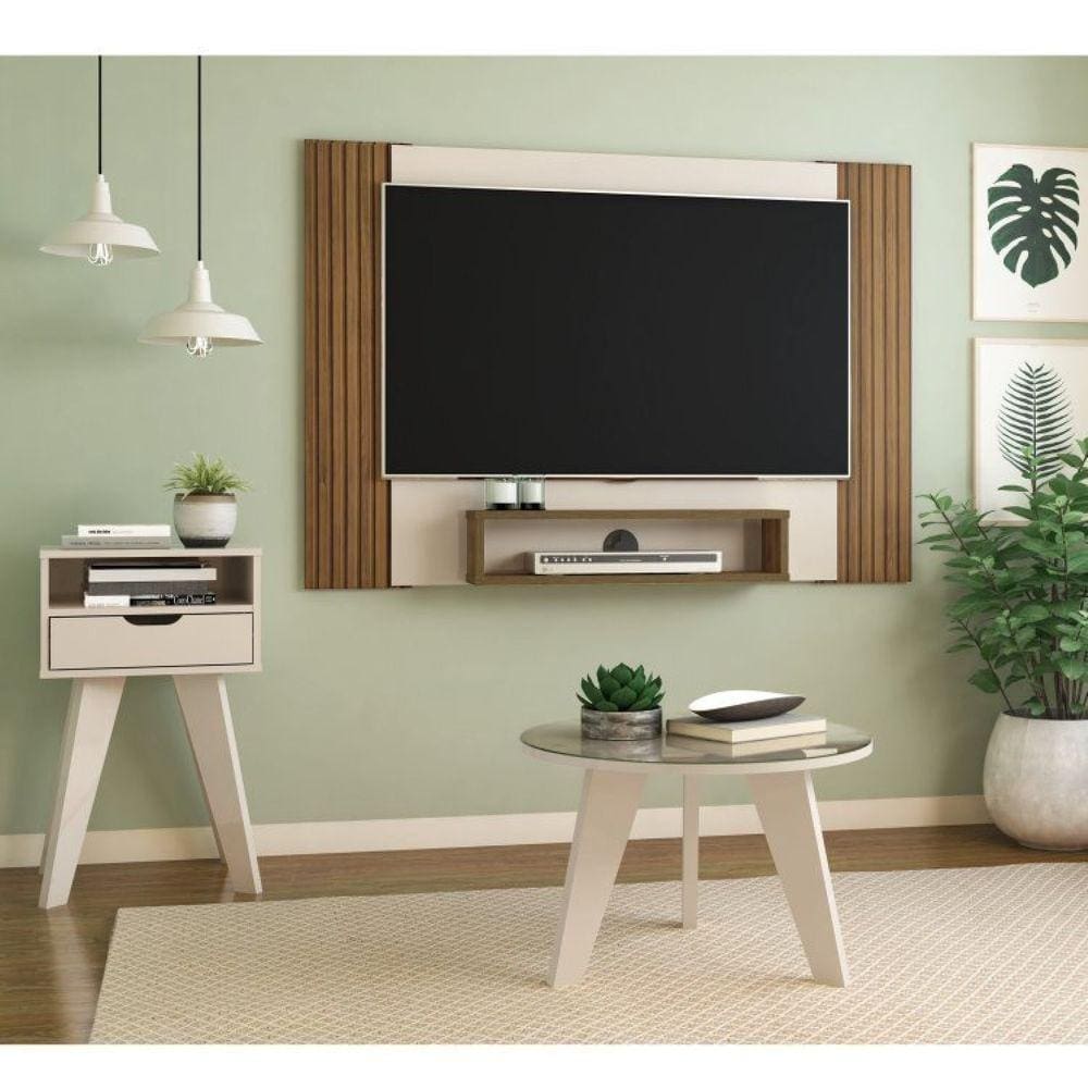 Conjunto Sala de Estar Painel para TV até 40 Pol com Mesa de Centro com espelho e Mesa de Apoio Vip Off White