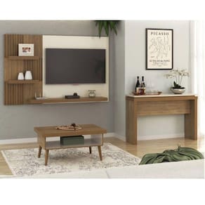 Conjunto Sala de Estar Painel para TV até 50 Polegadas com Mesa de Centro Lucca e Aparador Moon Pinho/Off White