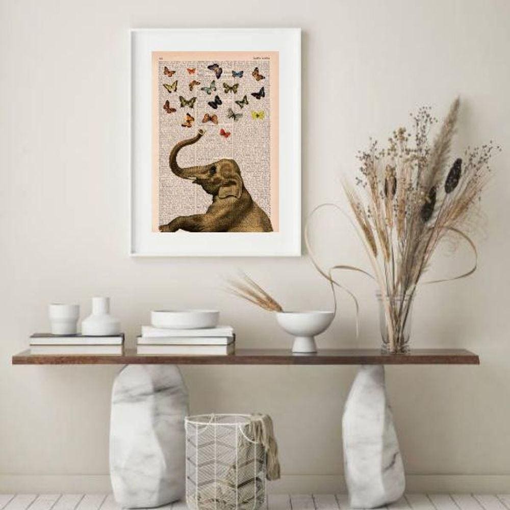 Quadro Vintage Elefante E Borboletas - 60X48 Cm