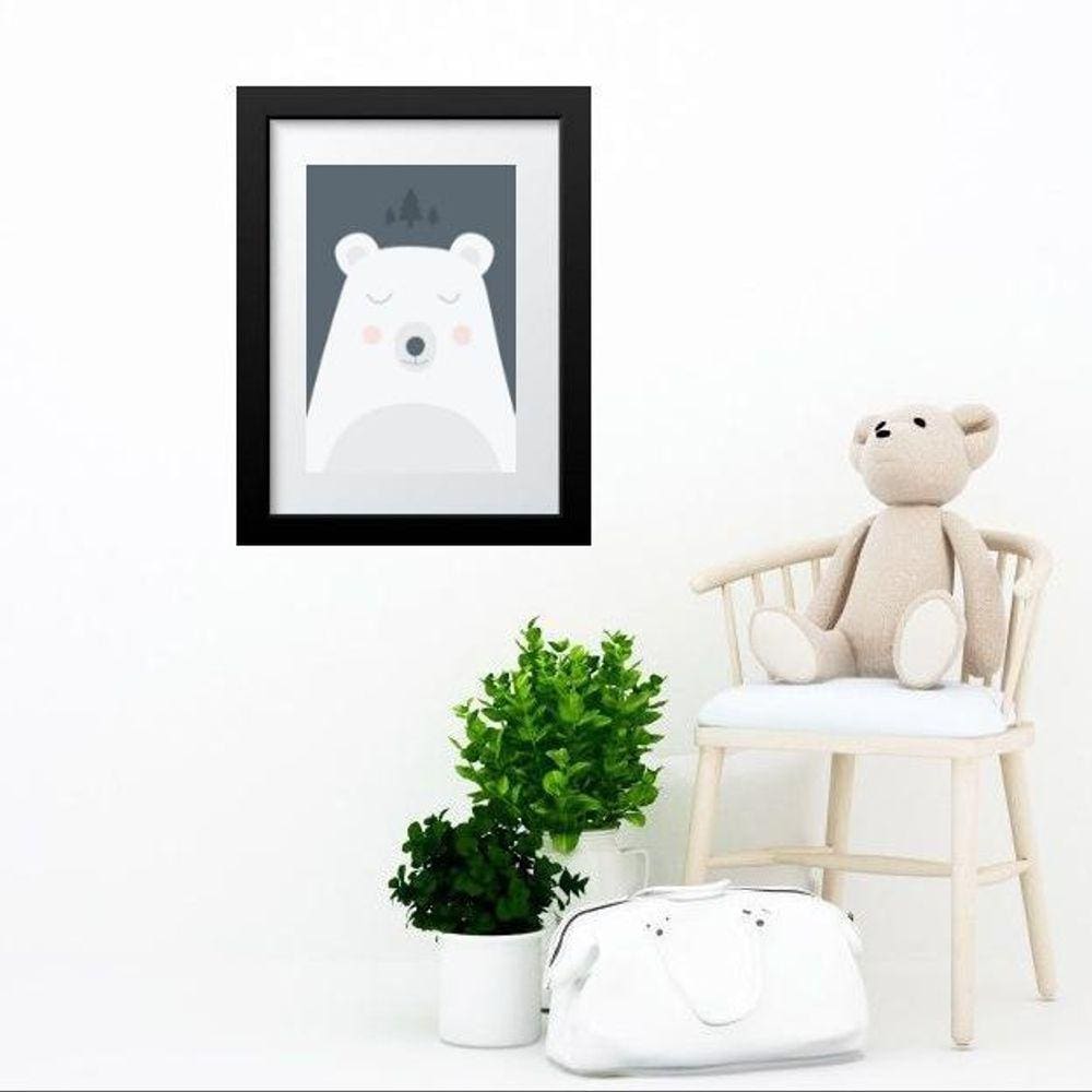 Quadro Infantil Cinza E Branco Urso Escandinavo - 60X48Cm