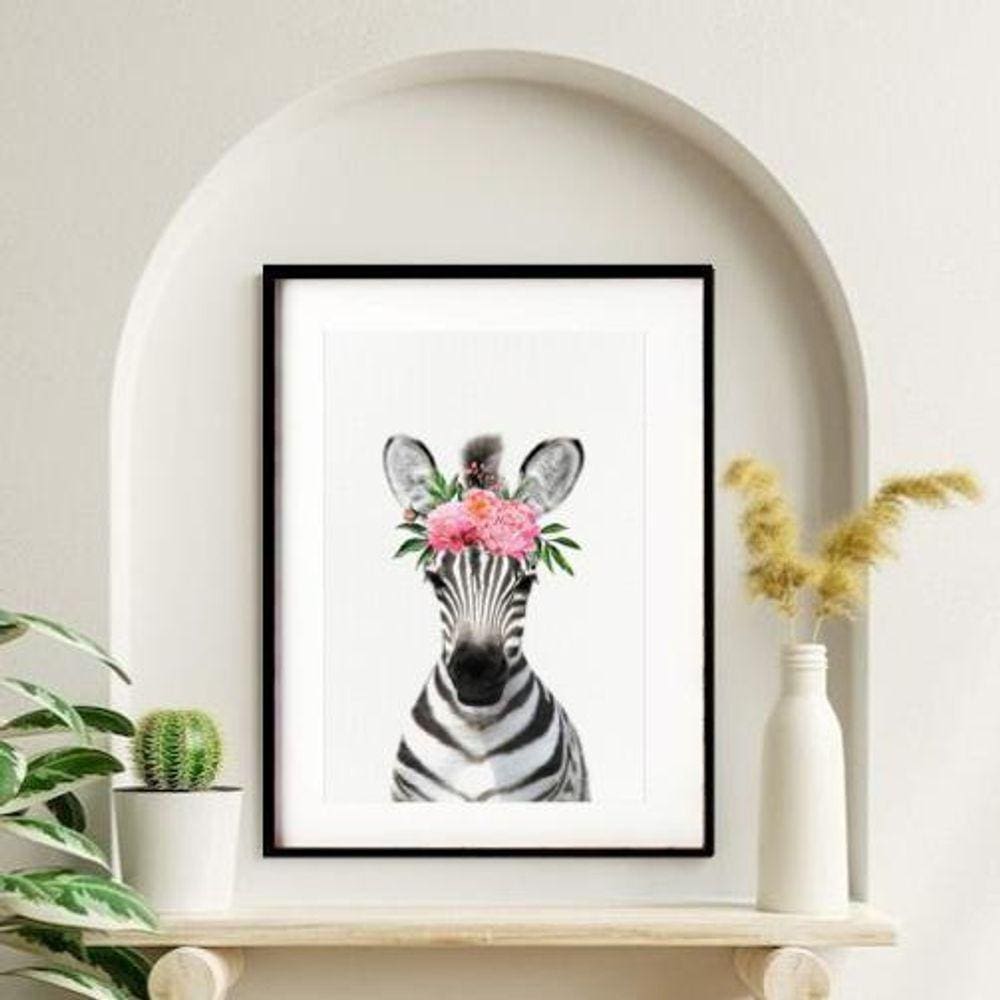 Quadro Baby Zebra Floral - 60X48Cm